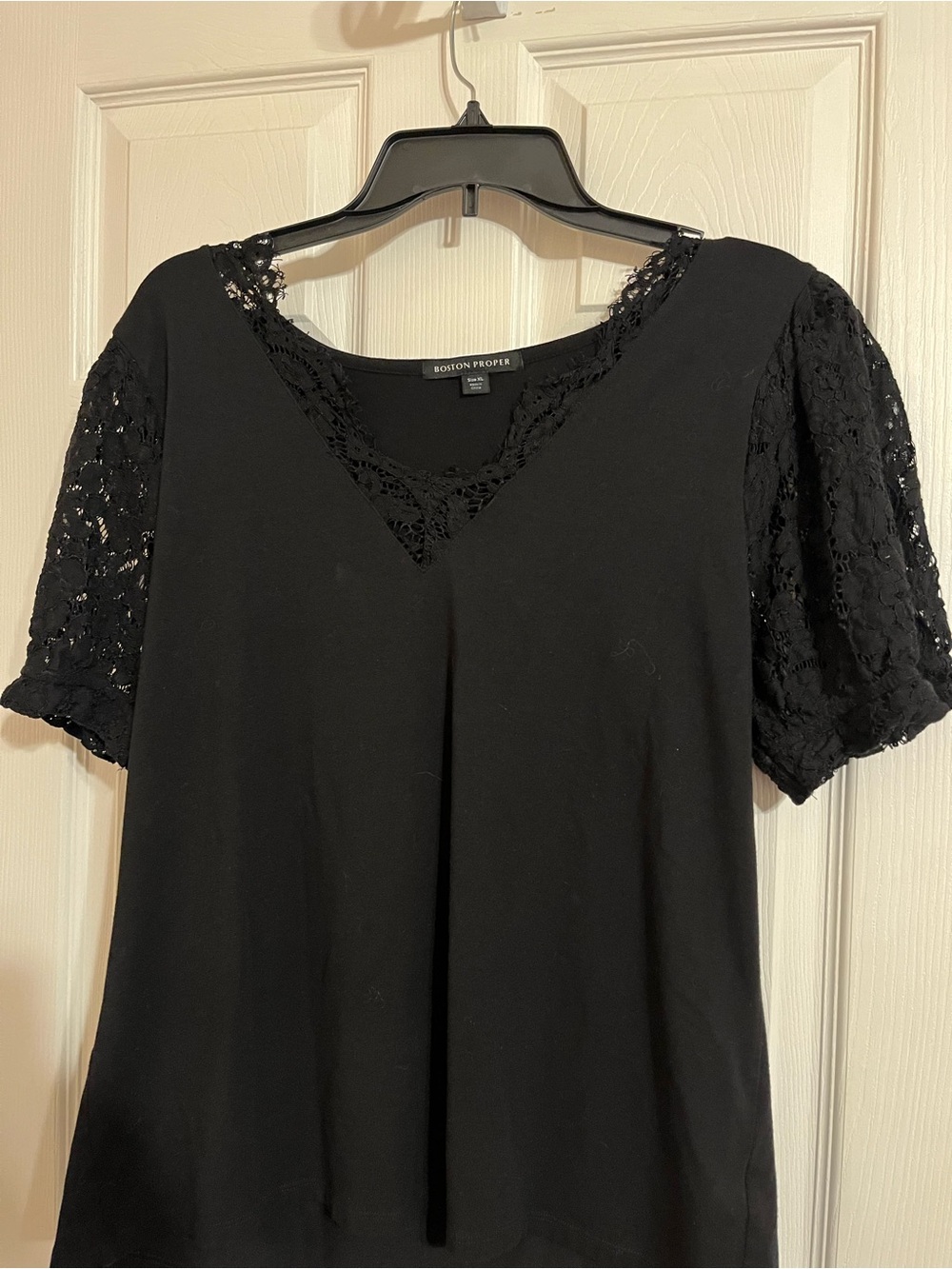 Boston Proper Black V-Neck Top with Lace Short Sleeves